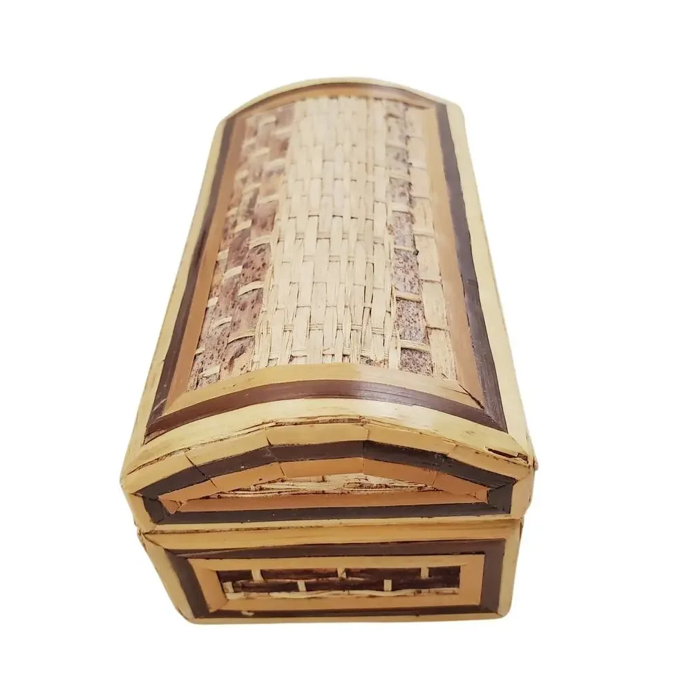 Classic Vintage Asian Boho Chic Bamboo Wicker Rattan Chest Trunk Trinket Box